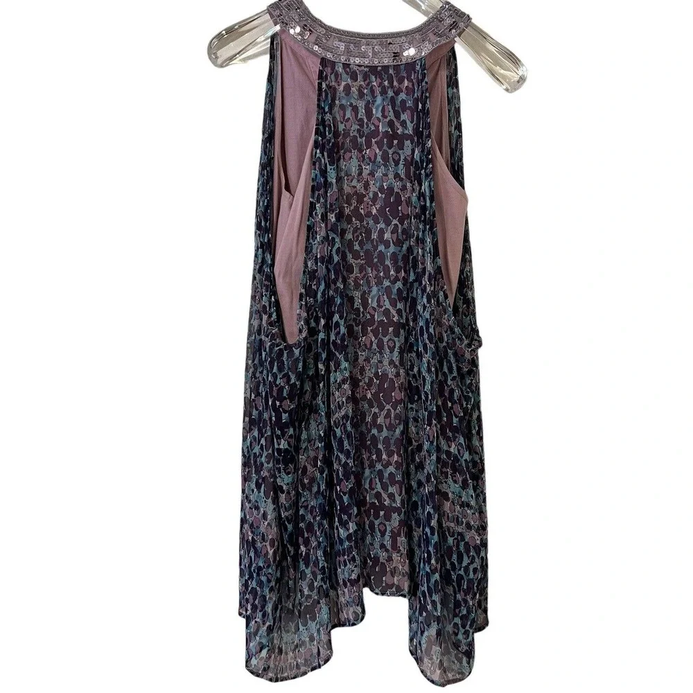 🌵 Free People Purple Blue Silver Sequins Neckline Flowy Dress with Under Dress